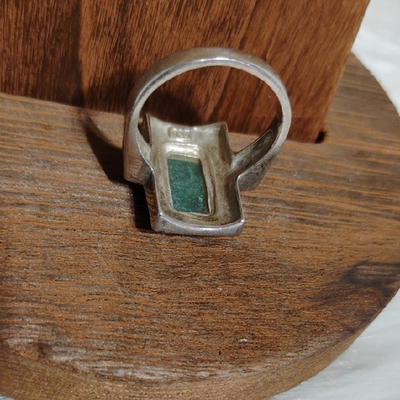Vtg 925 Sterling Silver Ring W Rectangular Green Jade Gemstone - Picture 5 of 13